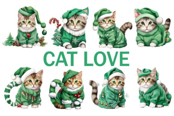 Christmas Cat Green: A Festive Illustration for Graphics