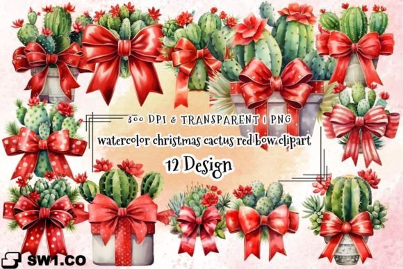 Watercolor Christmas Cactus Clipart for Brand Graphics